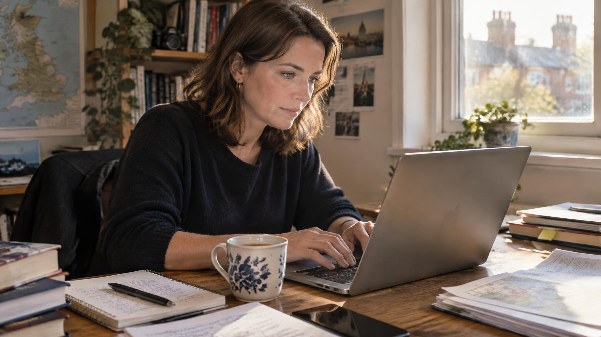 Writer typing at a desk surrounded by reference notes