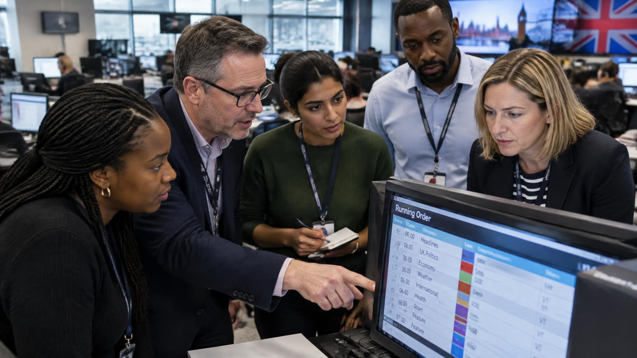 Newsroom team gathered for a morning editorial briefing
