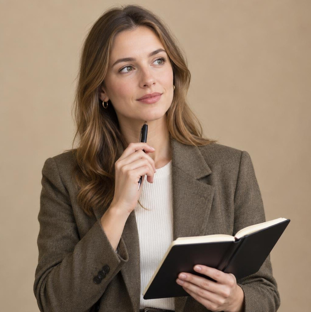 Young woman reviewing a script with a notebook and pen
