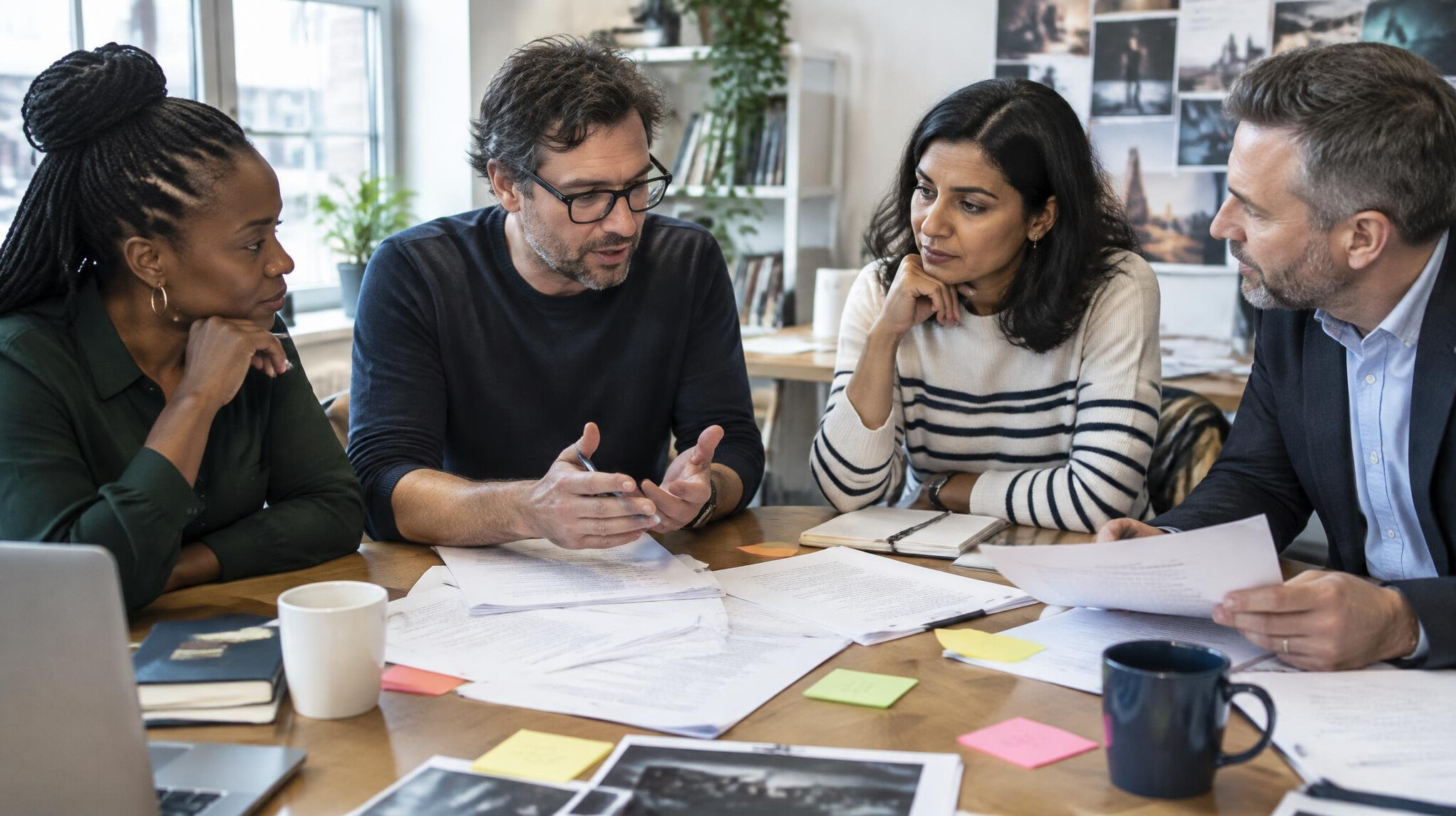 Editorial team gathered around a table reviewing printed scripts