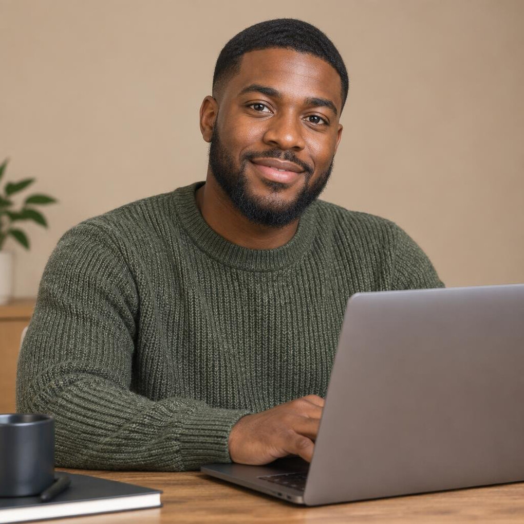 Young man working on a laptop with a script open