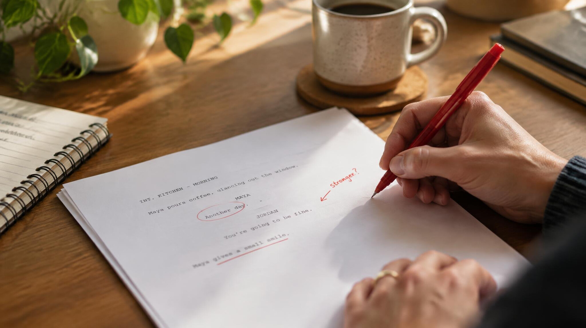 Close-up of hands annotating a printed script with a red pen